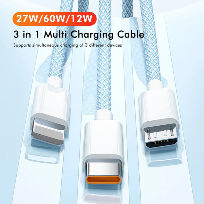 ENKAY 2m 3 in 1 USB to iP / Type-C / Micro USB 60W Charging Data Cable Braided Wire - Blue - 2