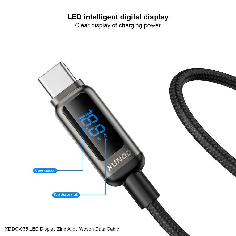 XUNDD XDDC-035 1m USB-C to USB-C Cable 60W Fast Charging Zinc Alloy Digital Display Braided Data Cord - 6