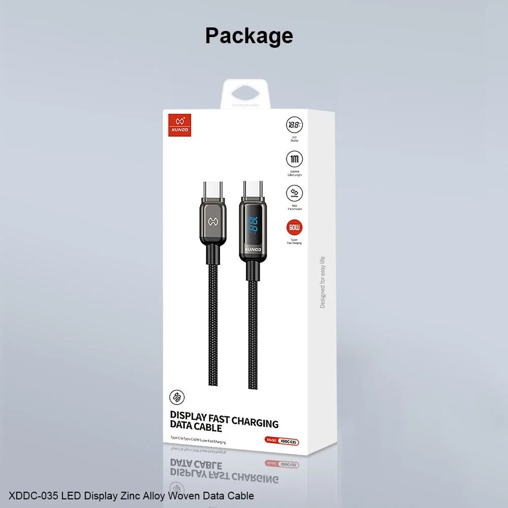 XUNDD XDDC-035 1m USB-C to USB-C Cable 60W Fast Charging Zinc Alloy Digital Display Braided Data Cord - 7