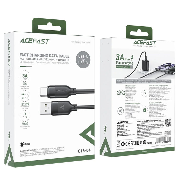 ACEFAST C16-04 1.2m USB-A to USB-C Cable TPE Charging Data Cable 3A Fast Charging Cord, Black - 7