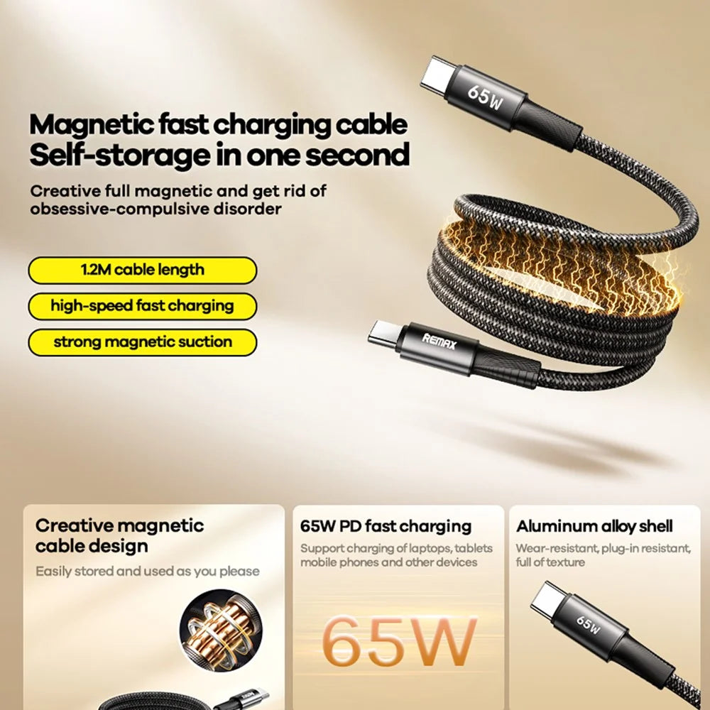REMAX CB07 65W Magnetic USB-C Cable Braided Aluminum Alloy Fast Charging Cord 1.2M for Laptop  /  Tablet  /  Phone - 2
