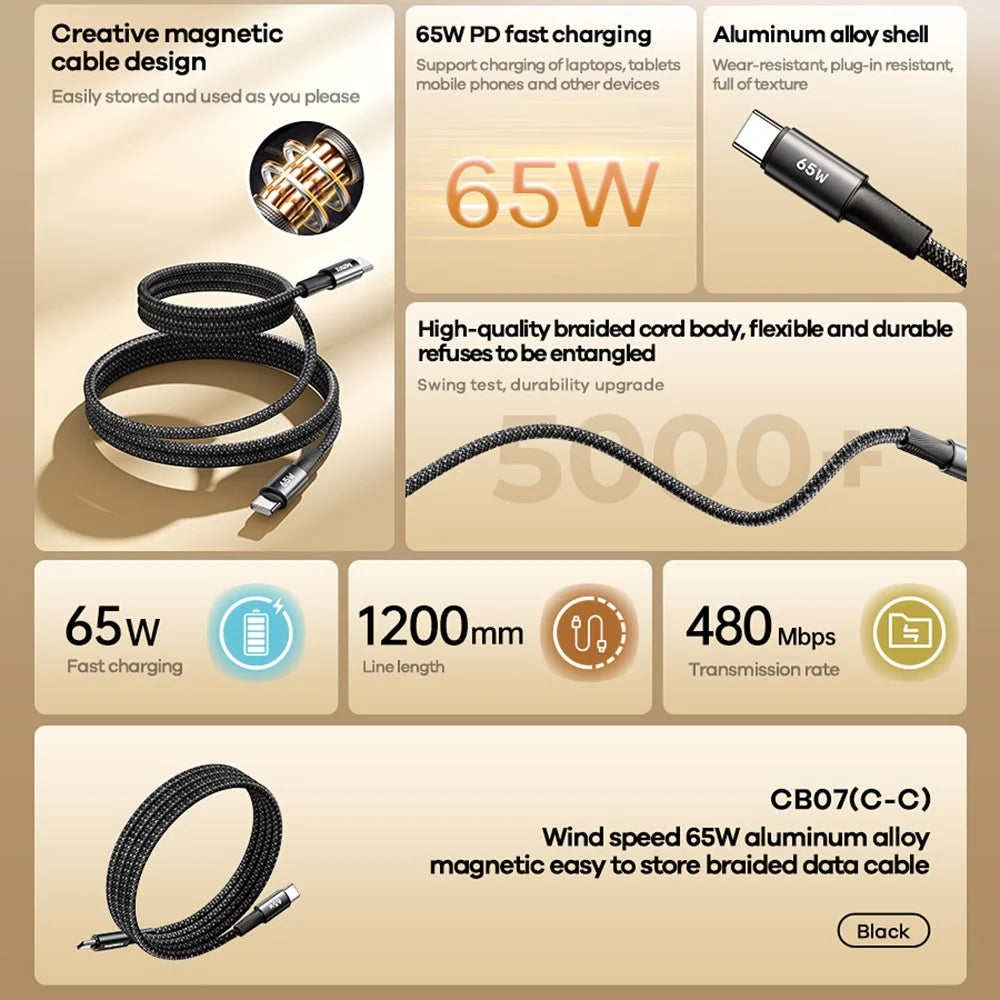 REMAX CB07 65W Magnetic USB-C Cable Braided Aluminum Alloy Fast Charging Cord 1.2M for Laptop  /  Tablet  /  Phone - 3