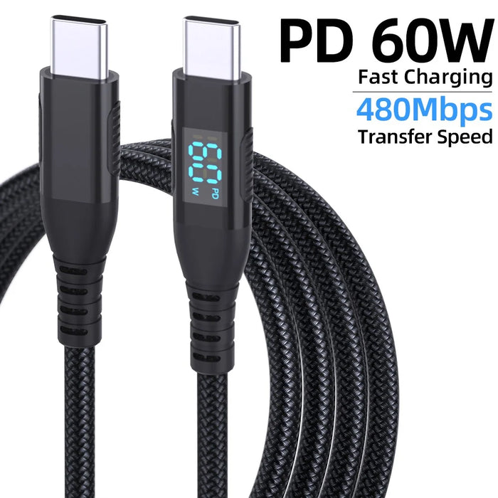 2m USB-C to USB-C Cable Digital Display 3A / 20V 60W Fast Charging Braided Data Cord for Smartphones Tablets - Black - 2