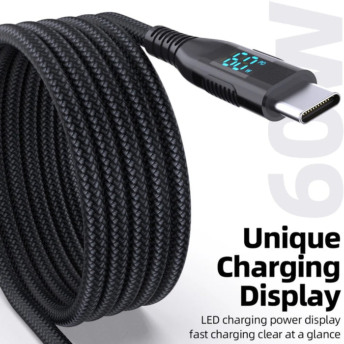 3m USB-C to USB-C Cable Digital Display 3A / 20V 60W Fast Charging Braided Data Cord for Smartphones Tablets - Black - 3