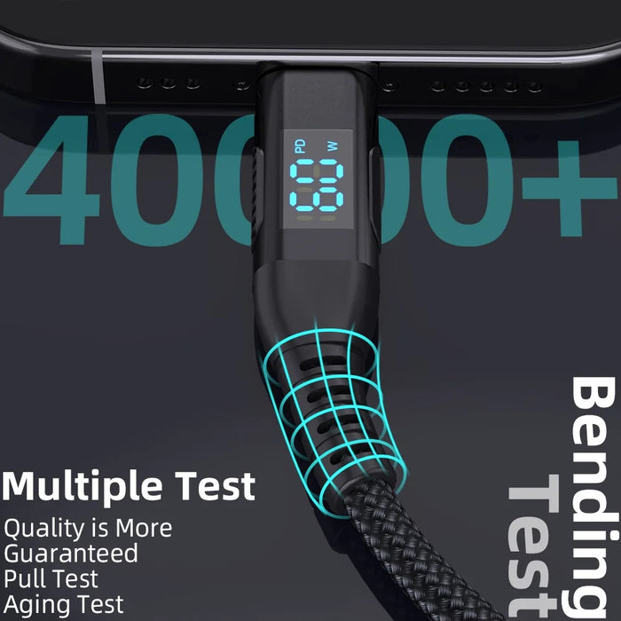 3m USB-C to USB-C Cable Digital Display 3A / 20V 60W Fast Charging Braided Data Cord for Smartphones Tablets - Black - 4
