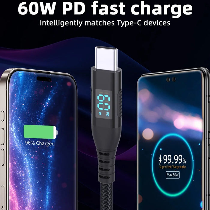 3m USB-C to USB-C Cable Digital Display 3A / 20V 60W Fast Charging Braided Data Cord for Smartphones Tablets - Black - 5