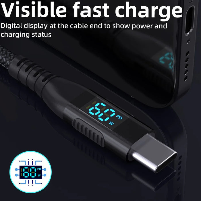 3m USB-C to USB-C Cable Digital Display 3A / 20V 60W Fast Charging Braided Data Cord for Smartphones Tablets - Black - 6