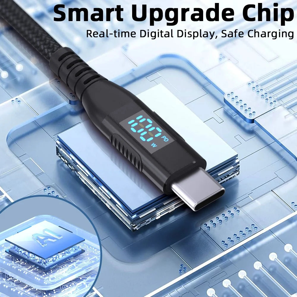 1m USB-C to USB-C Cable 100W 5A / 20V Nylon Braided Phone Tablet Fast Charging Digital Display Cord - Black - 7