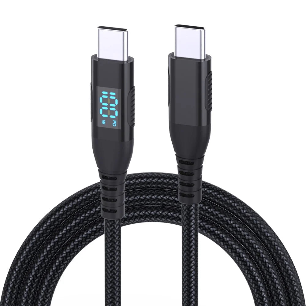 2m USB-C to USB-C Cable 100W 5A / 20V Nylon Braided Phone Tablet Fast Charging Digital Display Cord - Black - 1