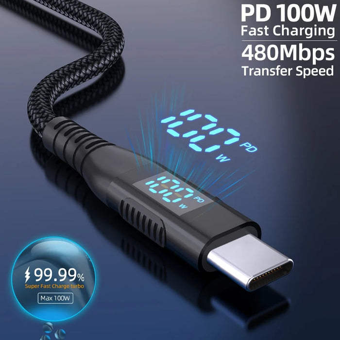 2m USB-C to USB-C Cable 100W 5A / 20V Nylon Braided Phone Tablet Fast Charging Digital Display Cord - Black - 2