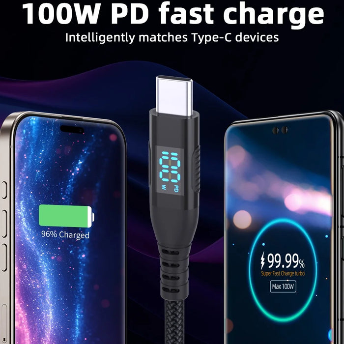 2m USB-C to USB-C Cable 100W 5A / 20V Nylon Braided Phone Tablet Fast Charging Digital Display Cord - Black - 3