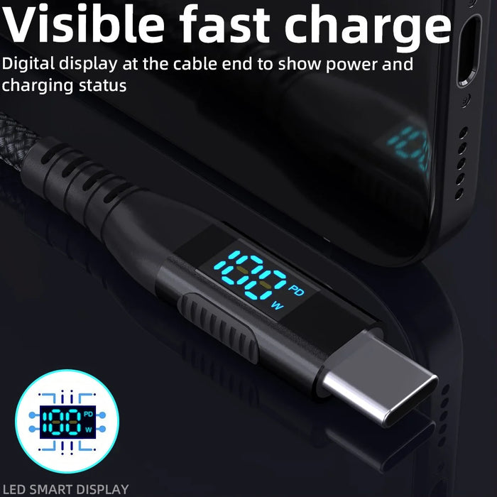 2m USB-C to USB-C Cable 100W 5A / 20V Nylon Braided Phone Tablet Fast Charging Digital Display Cord - Black - 4