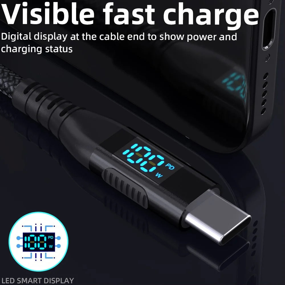 3m USB-C to USB-C Cable 100W 5A / 20V Nylon Braided Phone Tablet Fast Charging Digital Display Cord - Black - 4