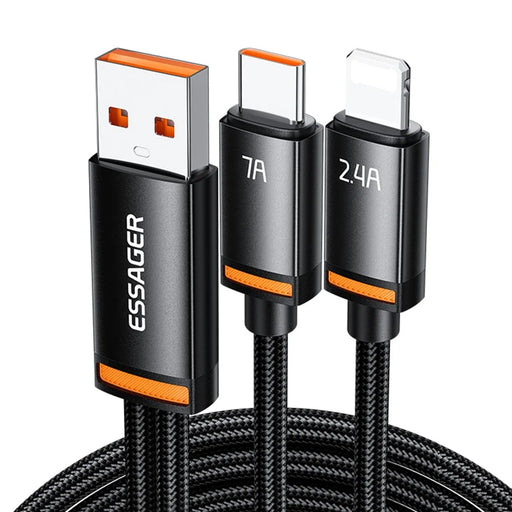 ESSAGER 1m USB-A to iP + Type-C Fast Charging Cable 100W PD Sync Data Transfer Cable - Black - 1