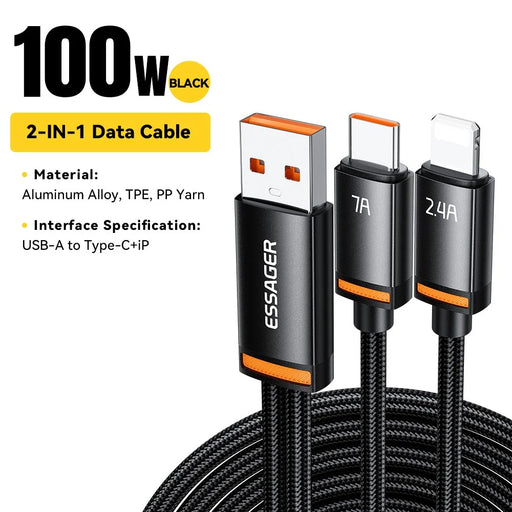 ESSAGER 1m USB-A to iP + Type-C Fast Charging Cable 100W PD Sync Data Transfer Cable - Black - 2