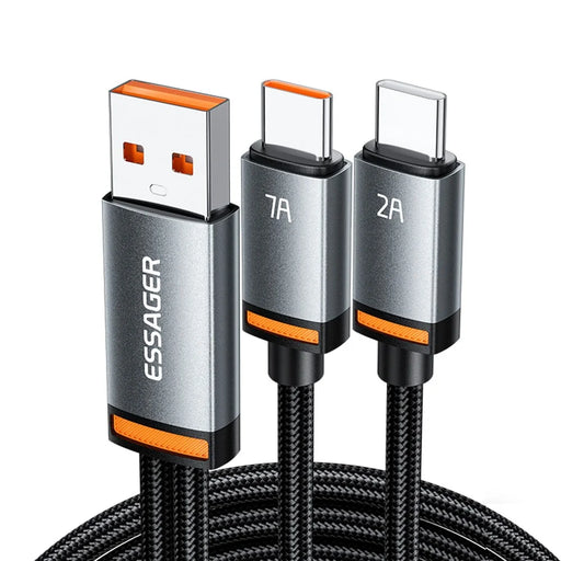 ESSAGER 1m USB-A to Type-C1 + Type-C2 Fast Charging Cable 100W PD Sync Data Transfer Cable - Grey - 1