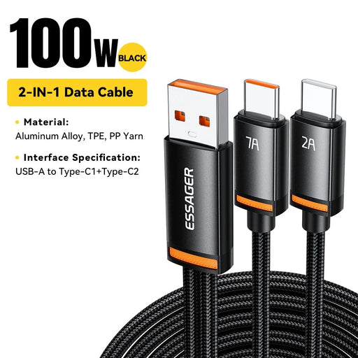 ESSAGER 1m USB-A to Type-C1 + Type-C2 Fast Charging Cable 100W PD Sync Data Transfer Cable - Grey - 2