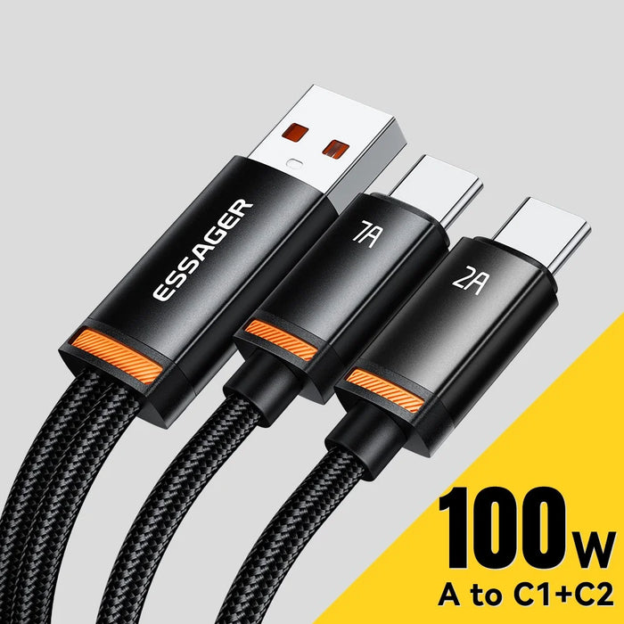 ESSAGER 1m USB-A to Type-C1 + Type-C2 Fast Charging Cable 100W PD Sync Data Transfer Cable - Grey - 3