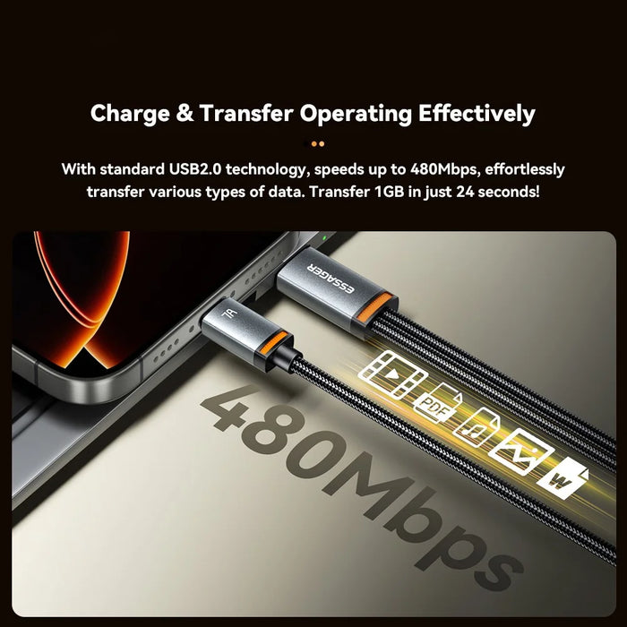 ESSAGER 1m USB-A to Type-C1 + Type-C2 Fast Charging Cable 100W PD Sync Data Transfer Cable - Grey - 5