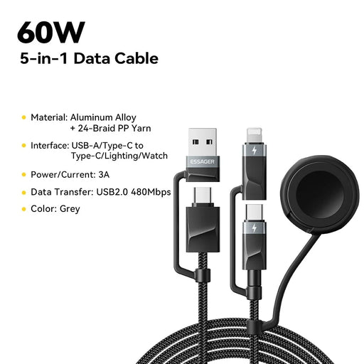 ESSAGER 5 in 1 Charging Cable 2M Fast Charging PD 60W Data Sync 480Mbps Cable for Phone  /  Tablet  /  Watch - 2