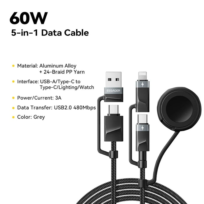 ESSAGER 5 in 1 Charging Cable 2M Fast Charging PD 60W Data Sync 480Mbps Cable for Phone  /  Tablet  /  Watch - 2