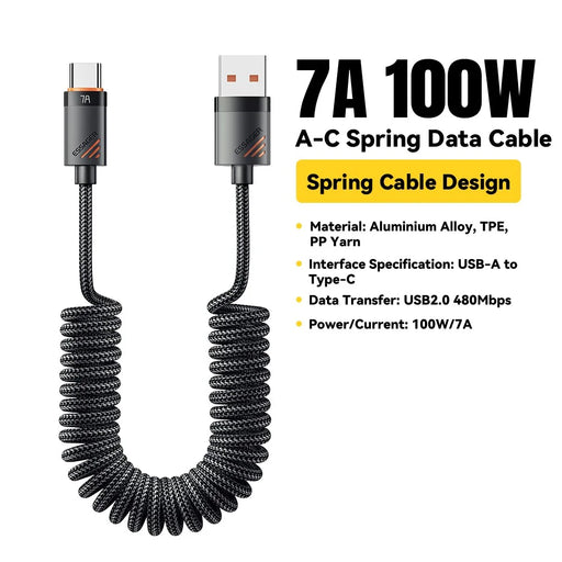 ESSAGER Spring Data Cable USB-A to Type-C 100W 7A Fast Charging Cable 1.2m - 2