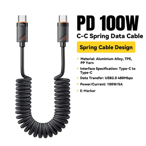 ESSAGER Spring Data Cable Type-C to Type-C 100W Fast Charging Cable 1.2m - 2