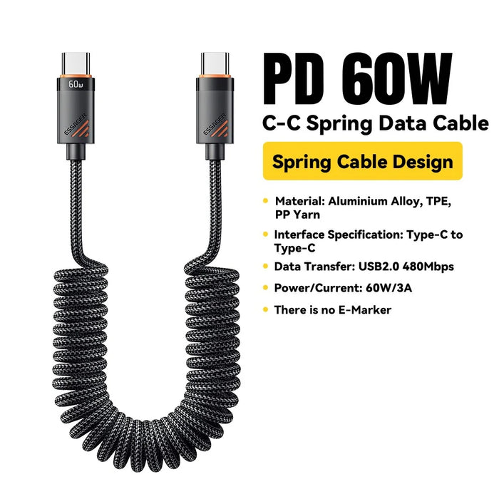ESSAGER Spring Data Cable Type-C to Type-C 60W Fast Charging Cable 1.8m - 2