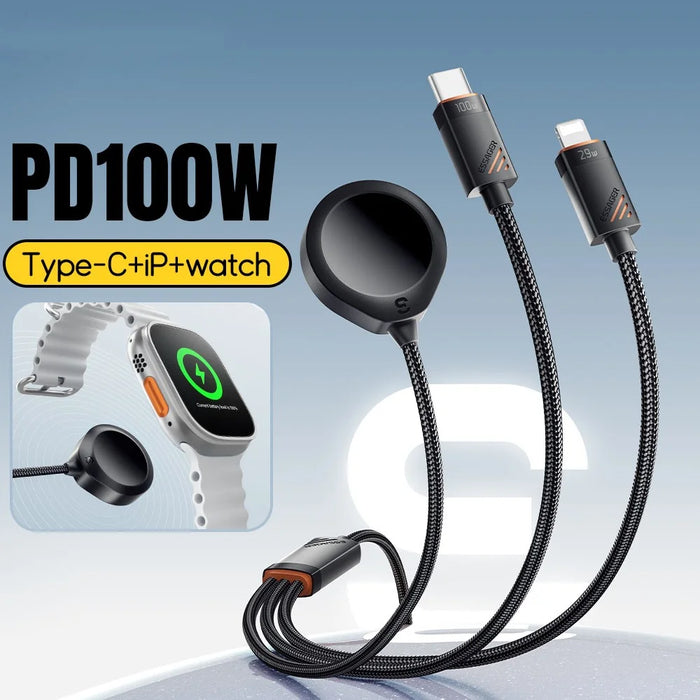 ESSAGER 3 in 1 Charging Cable for Watch  /  Phone  /  Type-C Devices PD 100W Fast Charging Data Cable - 3