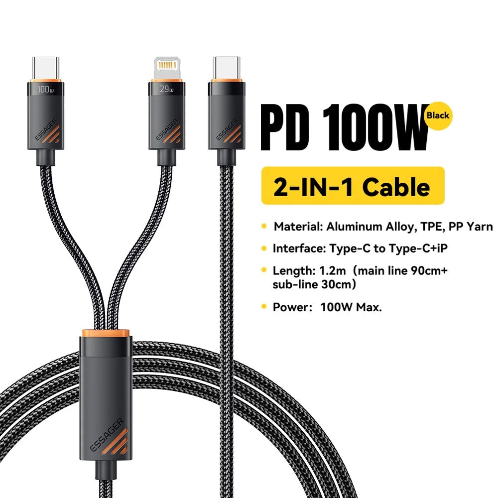 ESSAGER Type-C to iP + Type-C Data Cable E-Marker Chip PD 100W Fast Charging Cable 1.2m - 2