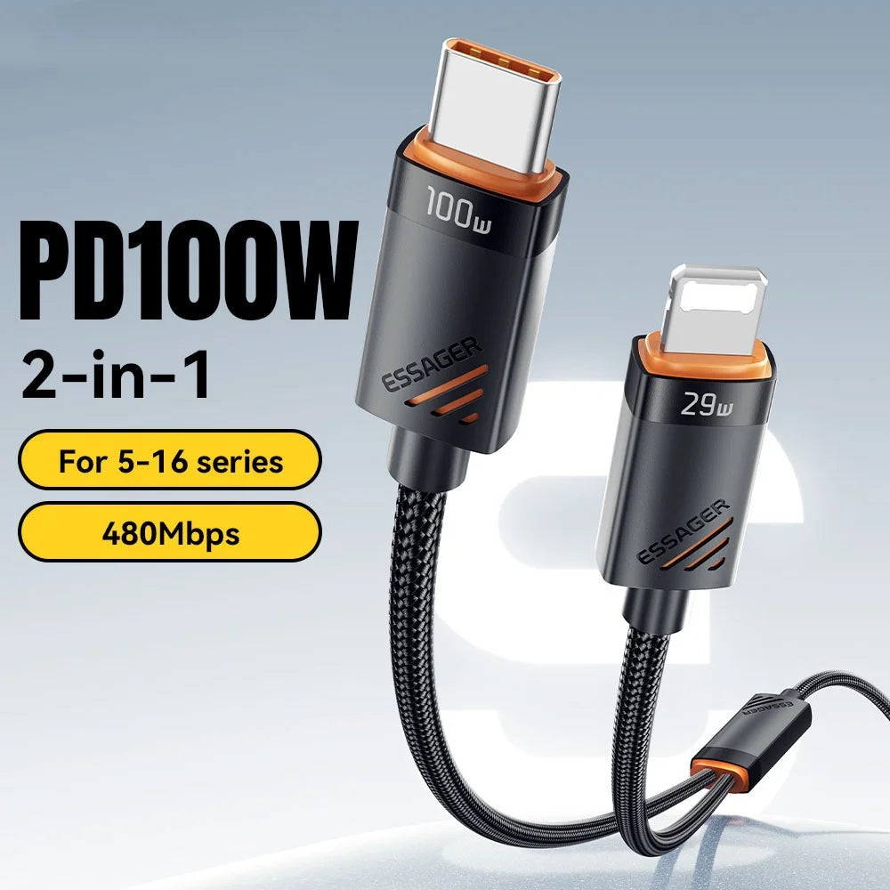 ESSAGER Type-C to iP + Type-C Data Cable E-Marker Chip PD 100W Fast Charging Cable 1.2m - 3