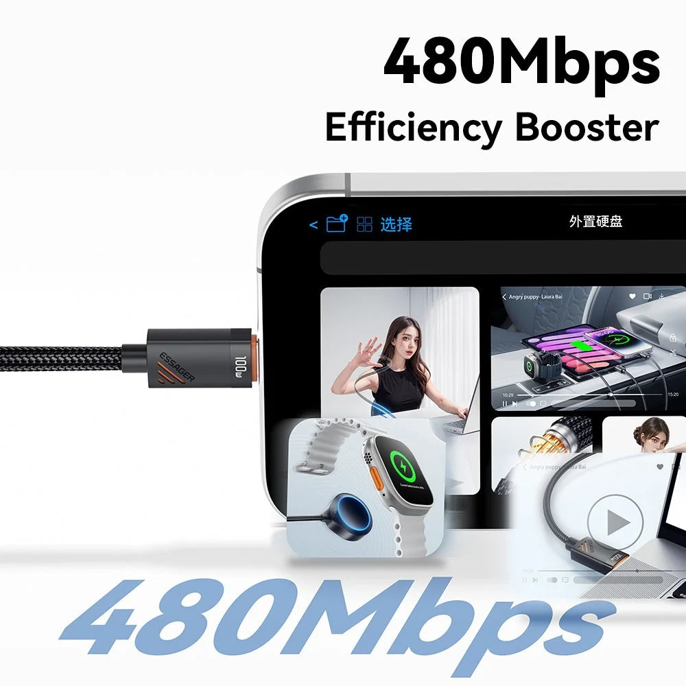 ESSAGER Type-C to iP + Type-C Data Cable E-Marker Chip PD 100W Fast Charging Cable 1.2m - 6
