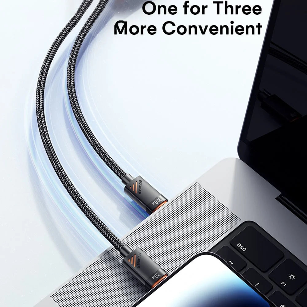 ESSAGER Type-C to iP + Type-C Data Cable E-Marker Chip PD 100W Fast Charging Cable 1.2m - 7