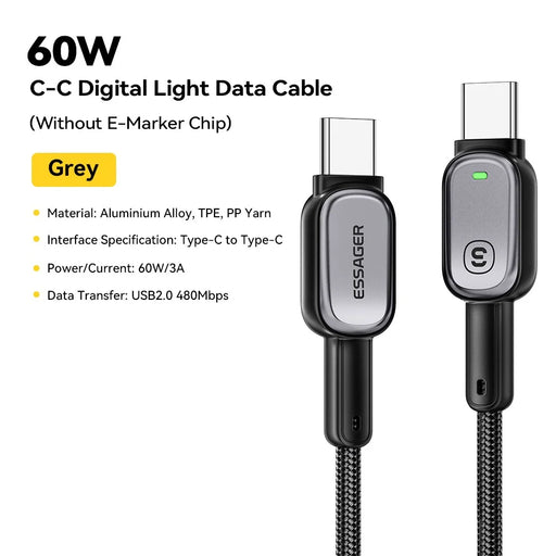 ESSAGER Type-C to Type-C 60W Smart LED Cable Fast Charging Durable Braided Data Cable 1m - 2