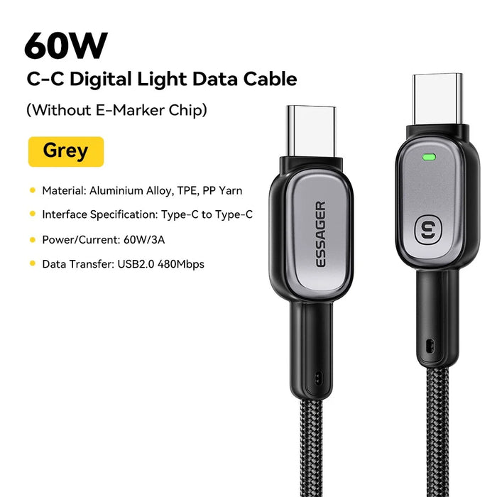 ESSAGER Type-C to Type-C 60W Smart LED Cable Fast Charging Durable Braided Data Cable 1m - 2
