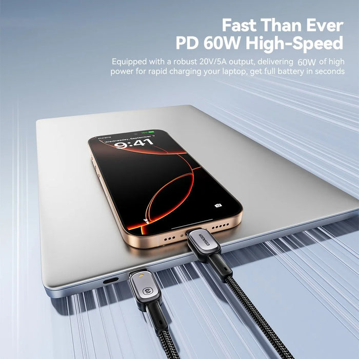 ESSAGER Type-C to Type-C 60W Smart LED Cable Fast Charging Durable Braided Data Cable 1m - 4