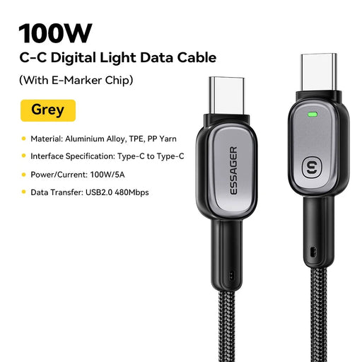 ESSAGER Type-C to Type-C 100W Smart LED Cable Fast Charging Durable Braided Data Cable 2m - 2