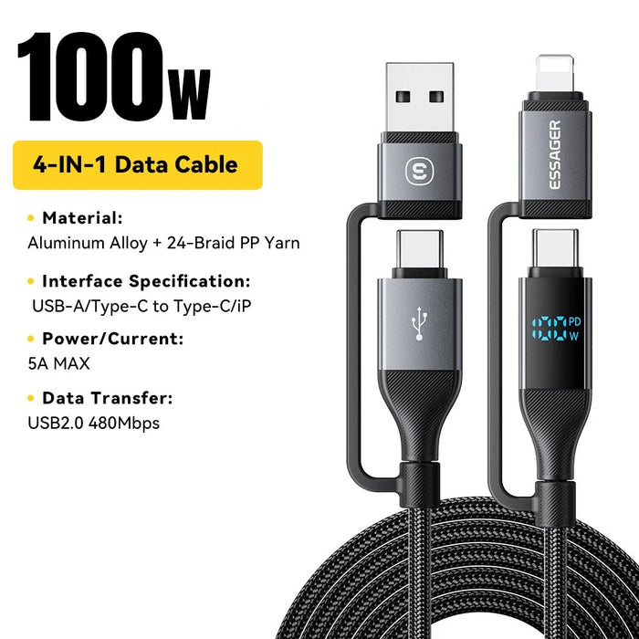 ESSAGER 4-in-1 Data Cable Digital Display PD 100W Fast Charging Cable 0.25m - 2