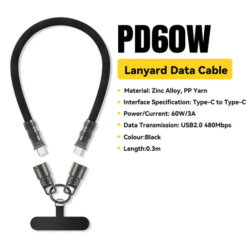 ESSAGER Crossbody Phone Lanyard PD 60W Charging Cable Type-C to Type-C Braided Data Cord 0.3m - Black - 2