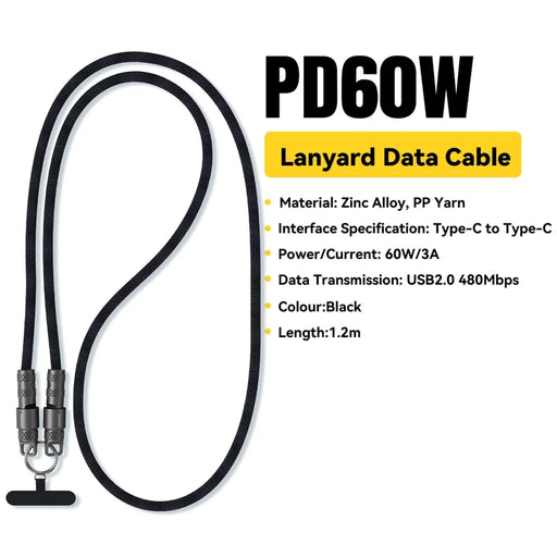 ESSAGER Crossbody Phone Lanyard PD 60W Charging Cable Type-C to Type-C Braided Data Cord 1.2m - Black - 2