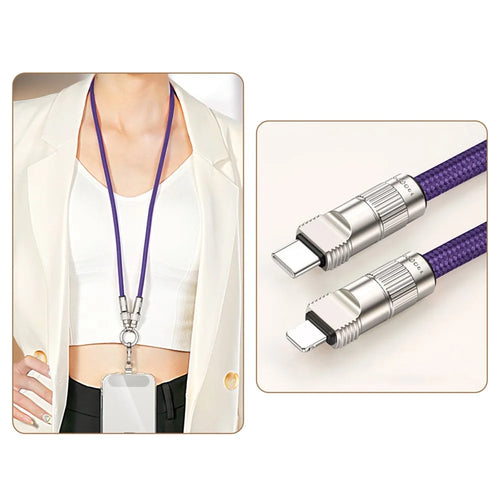 90cm Neck Strap 27W Charging Cable Phone Lanyard Cell Phone Tether with Type-C to L-Port Connector - Purple - 1
