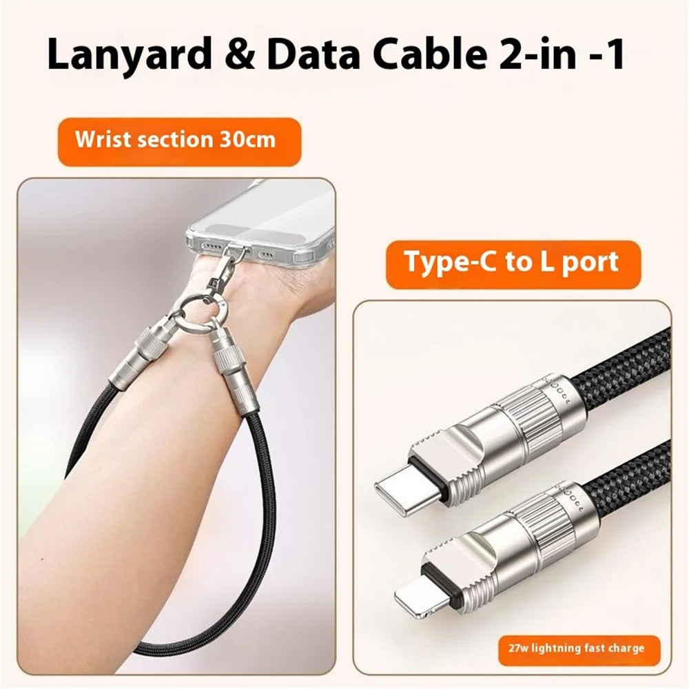 30cm Cell Phone Wrist Strap Fast Charging Data Cable with Type-C to L-Port Adapter Phone Lanyard - Black - 2