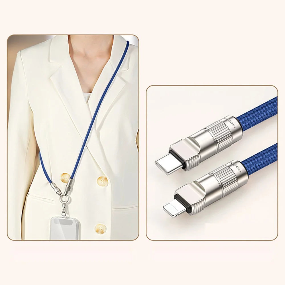 120cm Crossbody Phone Lanyard Charging Cable Type-C to L-Port Adapter Universal Cell Phone Strap - Sapphire - 1