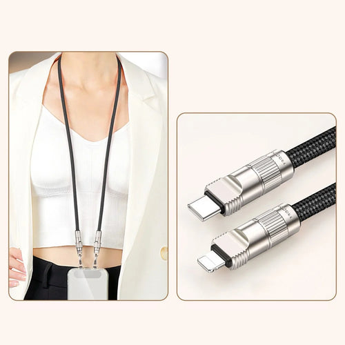 90cm Neck Strap Cell Phone Charging Cable Type-C to L-Port 27W Fast Charge Data Cord Necklace - Black - 1