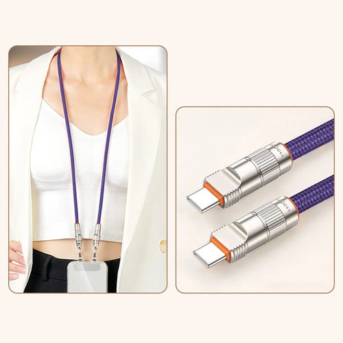 90cm Cell Phone Neck Strap Charging Cable Type-C to Type-C PD 66W Fast Charge Data Cable Necklace - Purple - 1