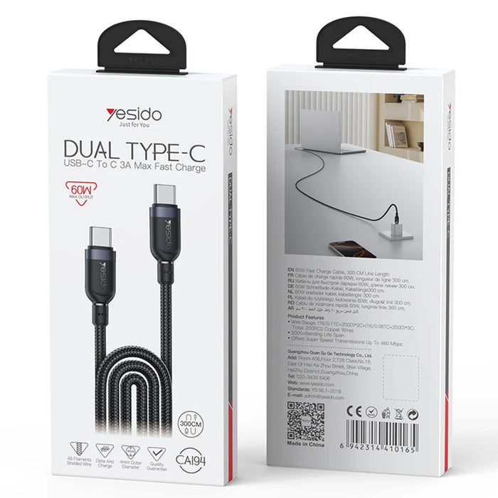 YESIDO CA194 USB C to USB C Cable 3m 60W Fast Charging Data Sync Cord for Laptop  /  Smartphone - 7