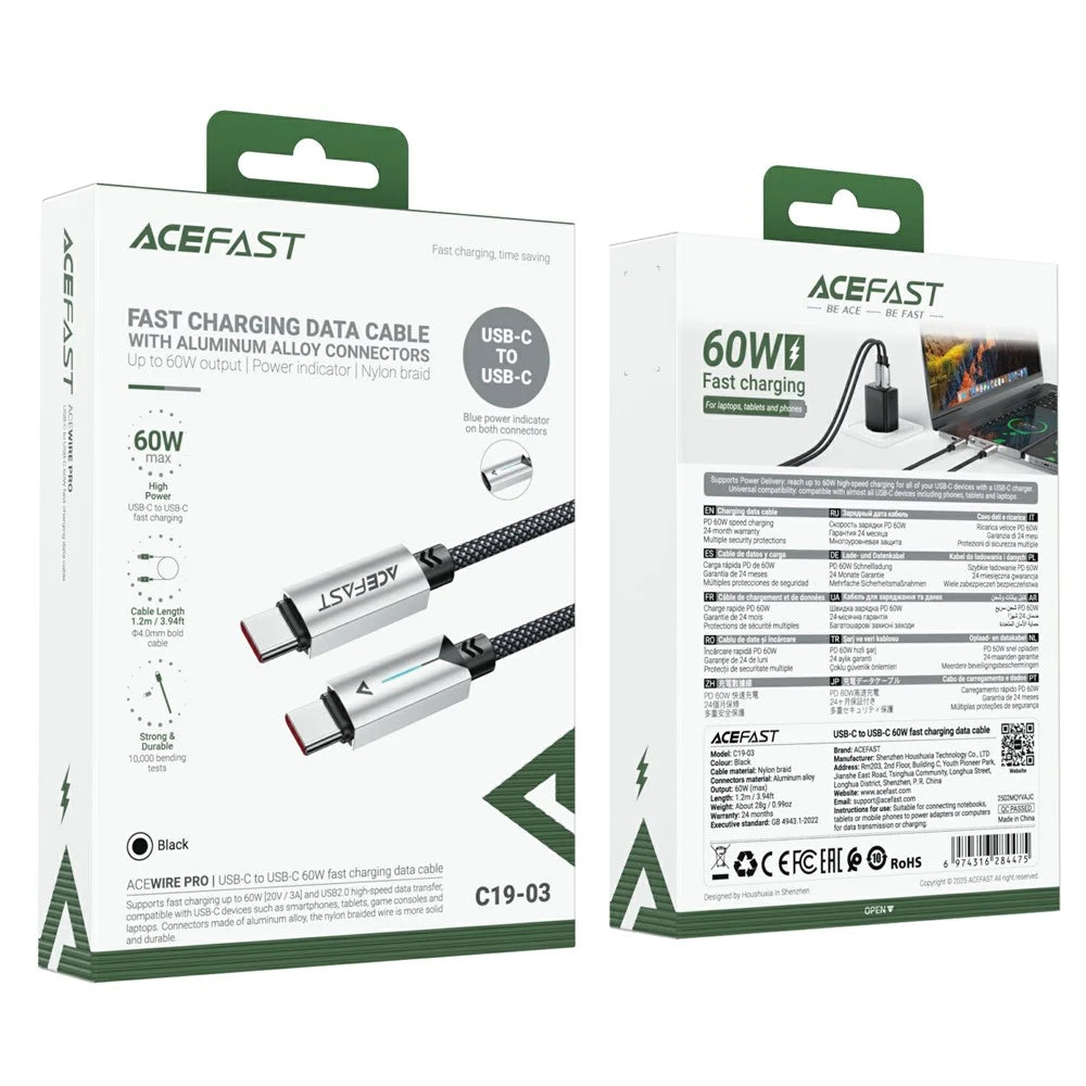 ACEFAST C19-03 USB-C to USB-C Cable 60W Fast Charging Data Cable Aluminum Alloy Braided for Laptops / Phones - 7