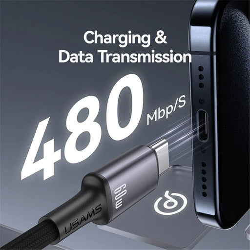 USAMS SJ752 1.2m 60W Type-C to Type-C Cable Aluminum Alloy Data Sync Cord with RGB Light / E-Marker Chip - Tarnish - 2