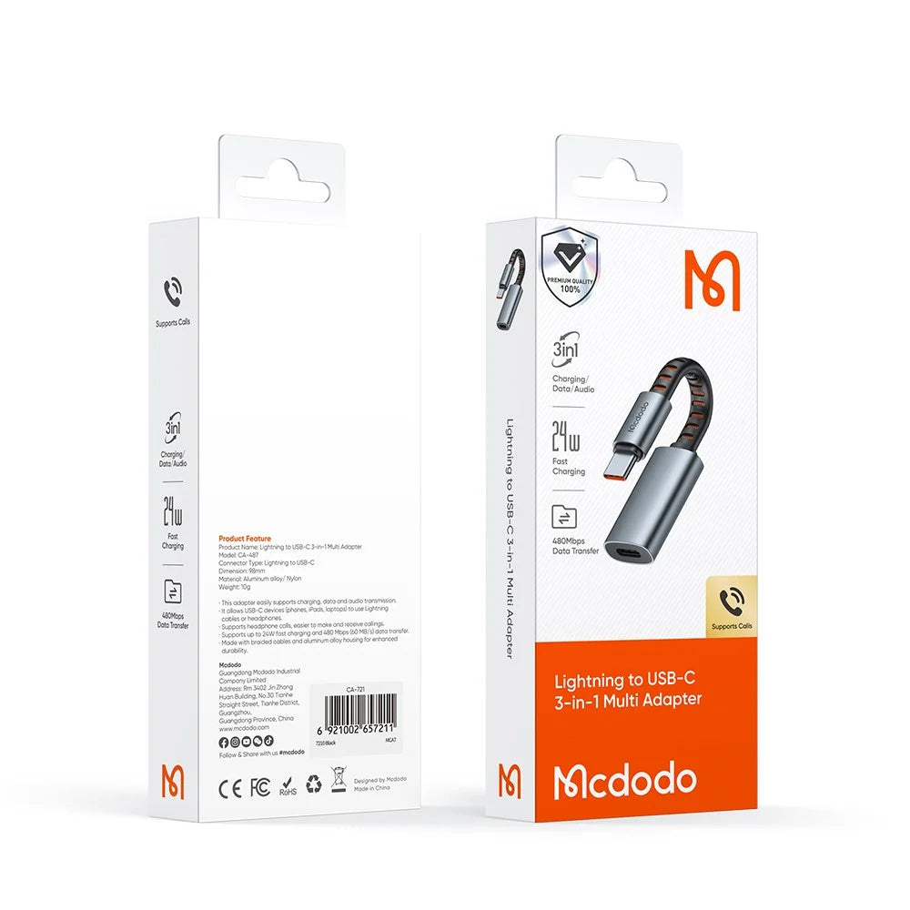MCDODO CA-4870 MDD Nordic Series 8Pin Female to USB-C Male Adapter Cable 24W Fast Charging Data Transfer Cord - Black - 7