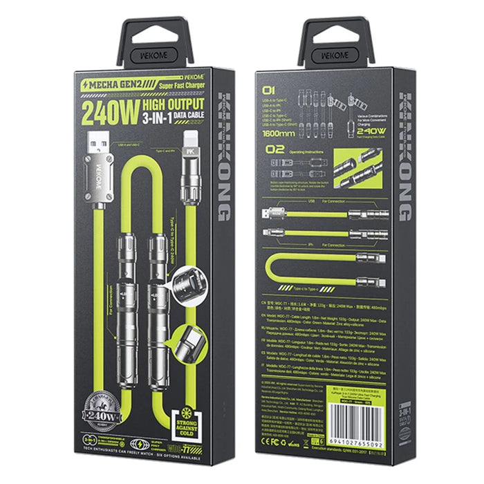 WEKOME WDC-77 3-in-1 Multi Charging Cable 240W Super Fast Charge Silicone Data Cable For USB  /  Type-C  /  iP - Yellowgreen - 6